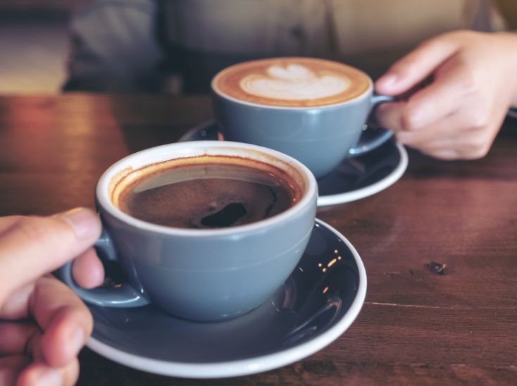 two business owners having coffee and discussing web site design ideas